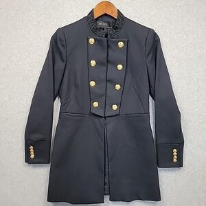 ZARA Military Navy Blue Long Jacket Gold Crest Buttons Double Breasted Women's M